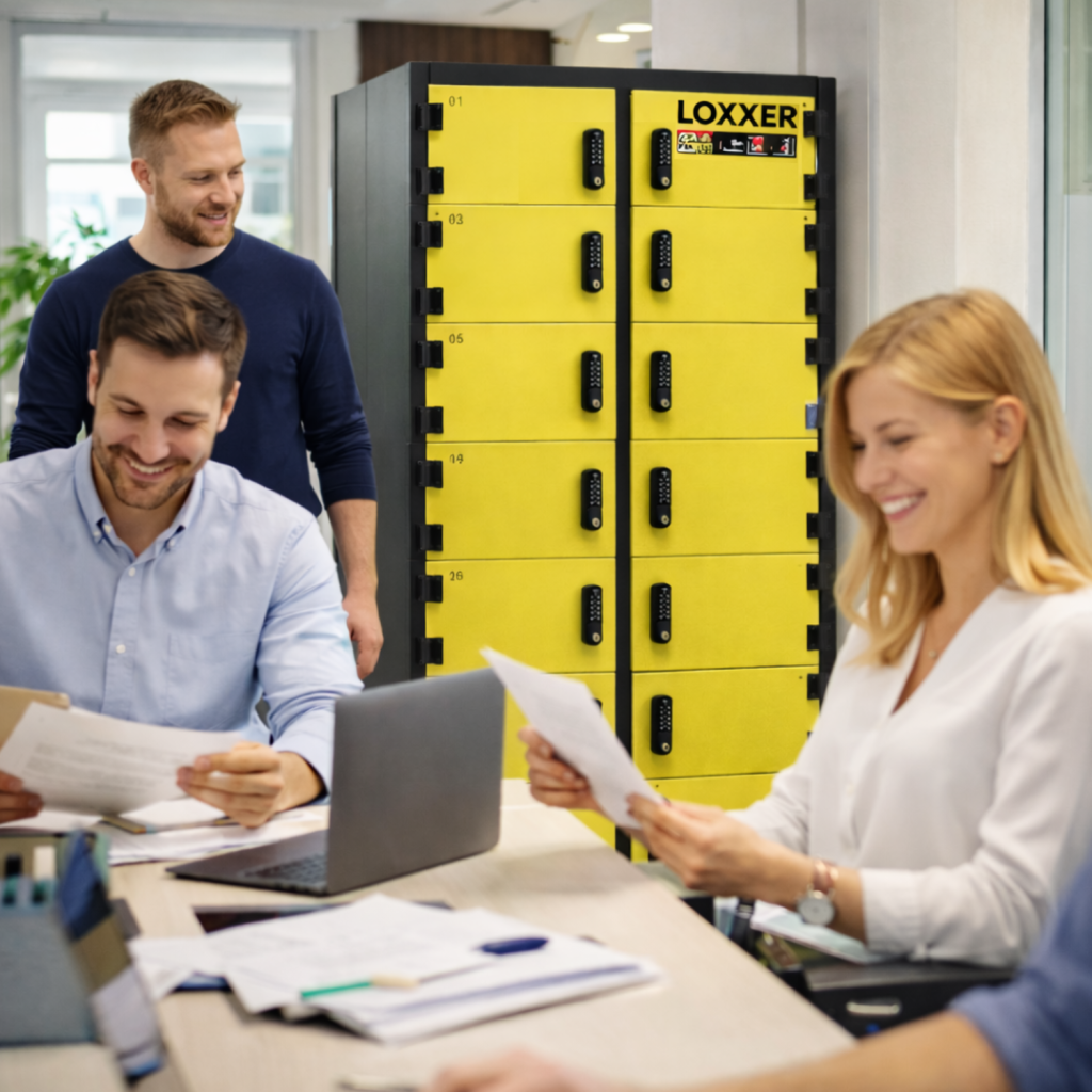 szafa skrytkowa w biurze, ludzie, praca, dokumenty, uśmiechy