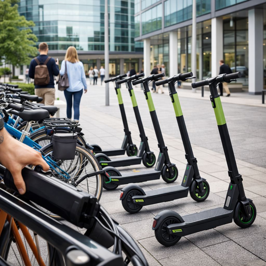 parking rowerów i hulajnóg elektrycznych przed biurowcem