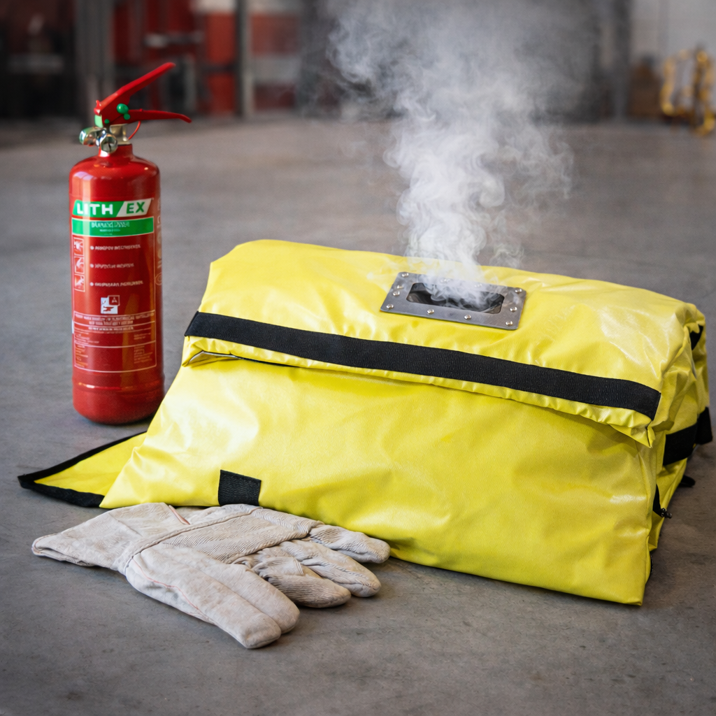 zestaw gaśniczy z ognioodporną torbą na baterie, rękawice oraz gaśnica