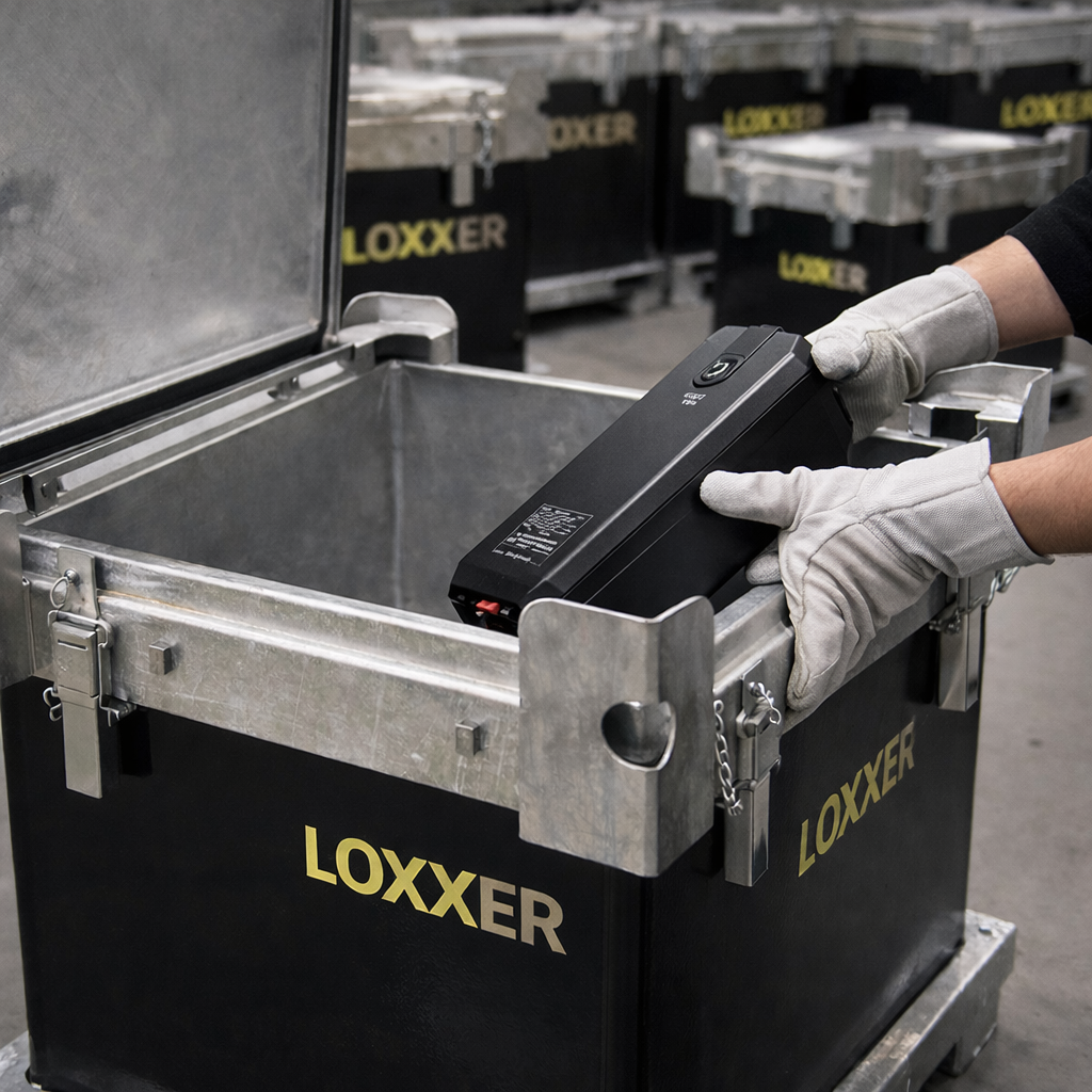 skrzynia transportowa w przestrzeni magazynowej, ktoś wkłada do niej baterię