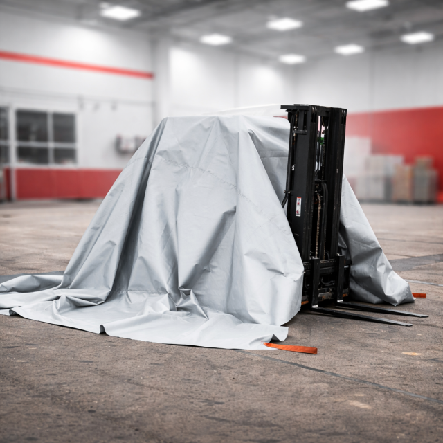 koc gaśniczy nakrywa wózek widłowy w przestrzeni magazynowej